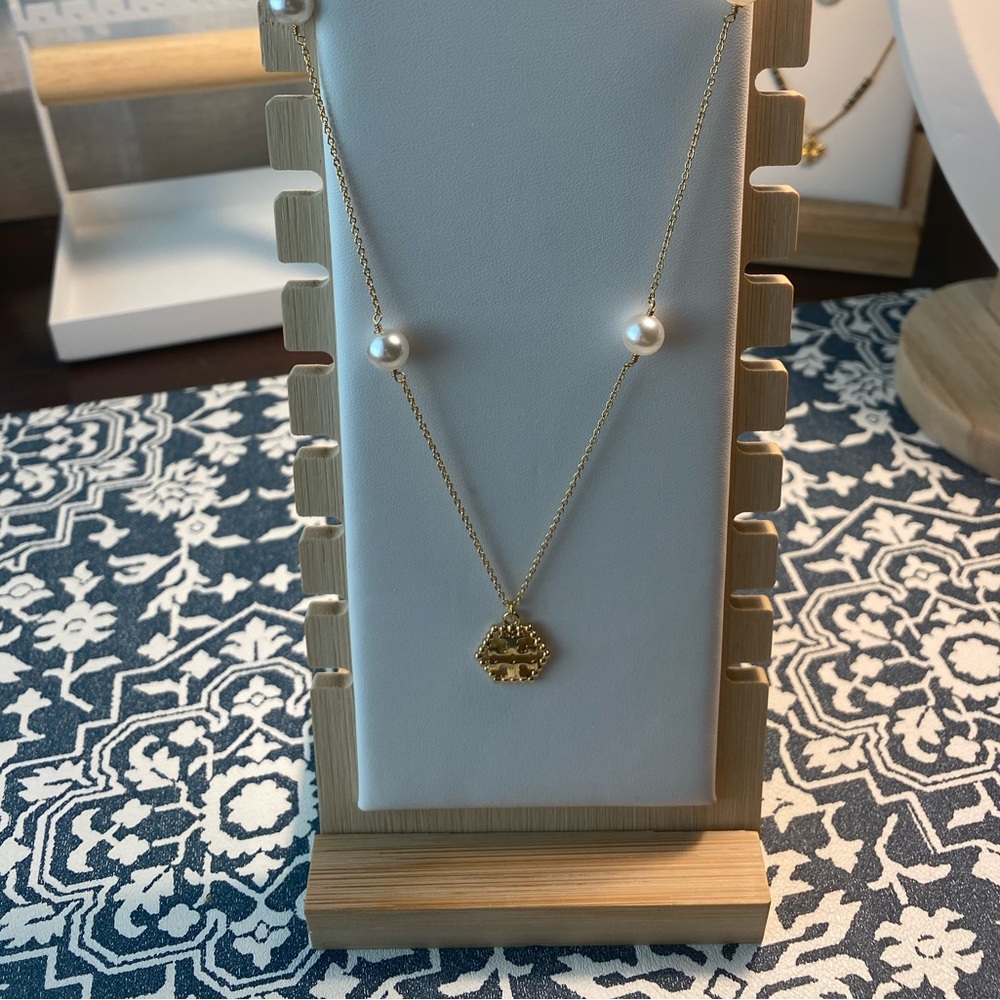Tory Burch Rose Gold Matinee Necklace with Pearls